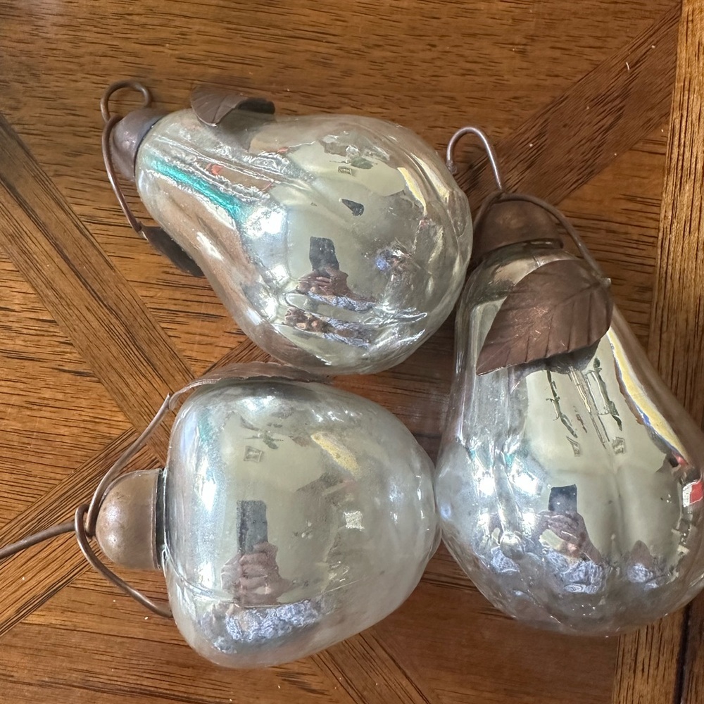 Antique Pears and Apples Mercury Silver Glass Ornament With Metal Leaves